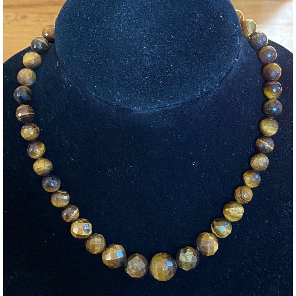 925 Faceted Tigers Eye Round Beaded Necklace 18 In Long 420$